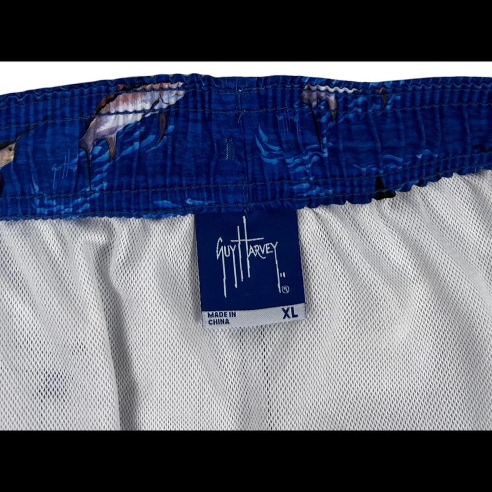 Guy Harvey Mens XL Swim Shorts Blue SwordFish Pockets Mesh Lined All Over EUC